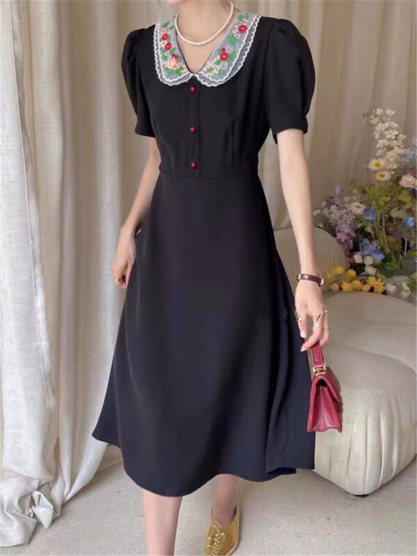 [Xiangli] embroidered short sleeve Pleated Dress 2032\pcz