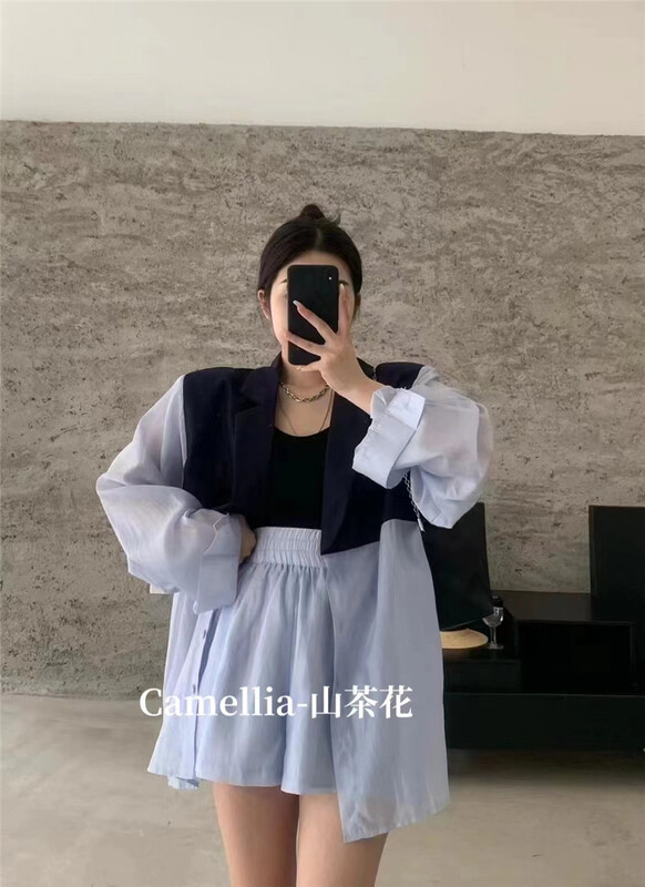 [Camelia] simple temperament open back long sleeve shirt + casual Shorts Set 9755\hjy