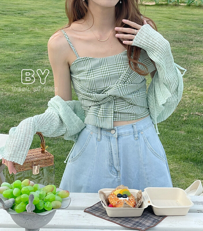 [best of you] small fresh pure wind lace up Plaid vest / sling ys1-9878\hbx