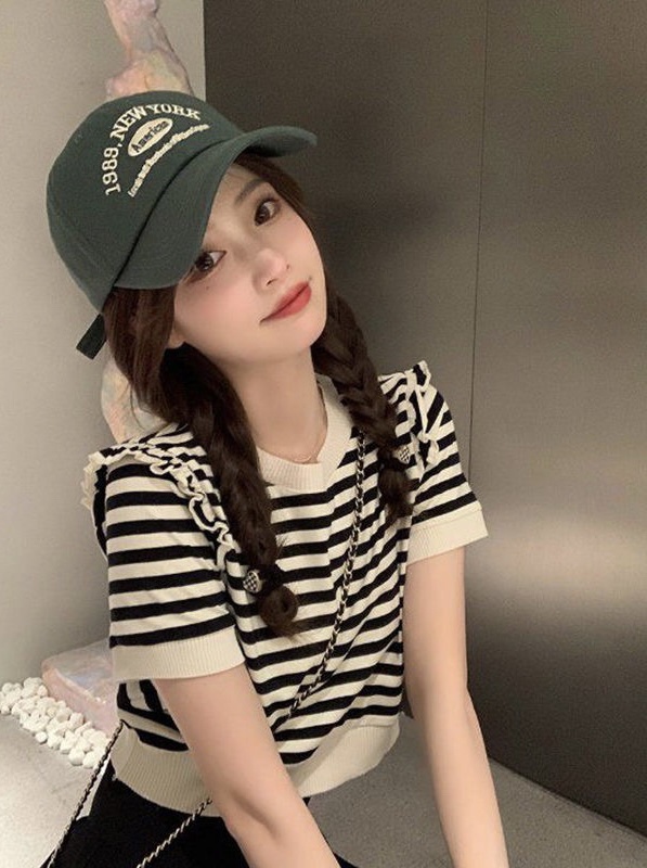 [f · P] round neck striped fungus edge T-shirt 28062\hbx