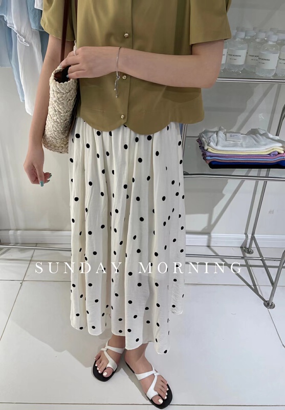 [Sunday morning] elastic waist wave point retro medium length skirt ys1-6702\zjy