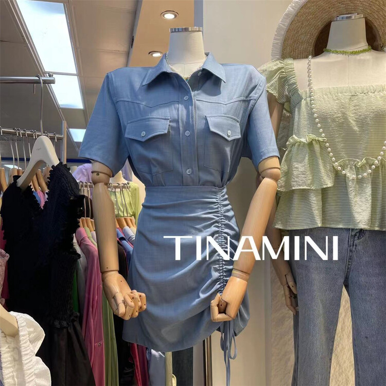 [tinamini] Korean Short Sleeve Shirt + drawstring short skirt set 6808\hjy