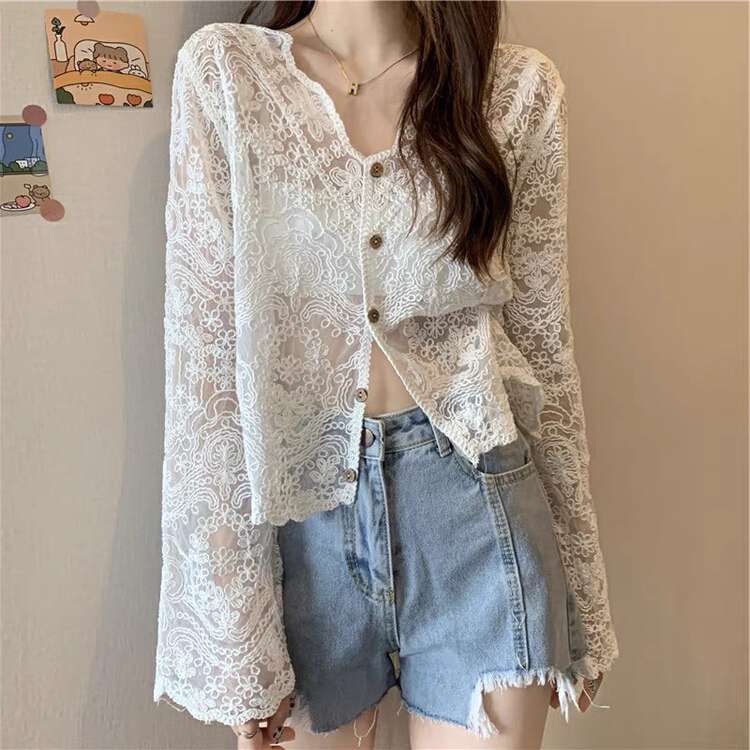[f · P] fresh and simple V-neck single breasted lace stitched hollow out blouse 19020\hbx