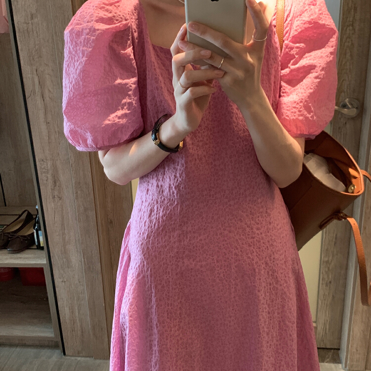 [y.jia EJA] gentle square neck shows thin temperament bubble sleeve dress ys1-6761\pcz