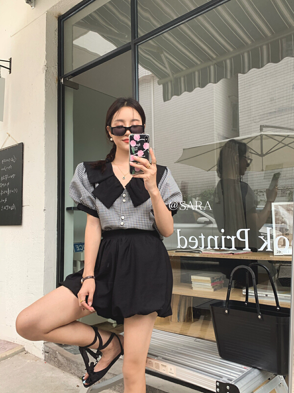 [Sara] Plaid top flower bud Shorts Set 90062