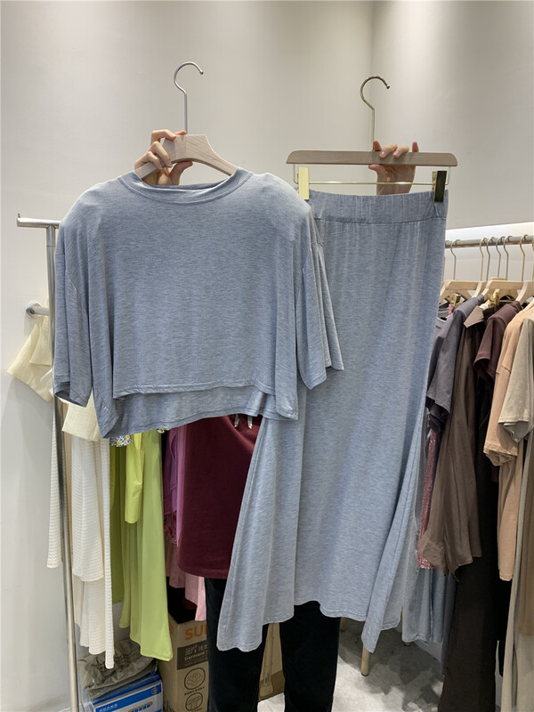 [Yan Zhen] casual simple modal short sleeve T-shirt + high waist slit skirt set 68210\pcz