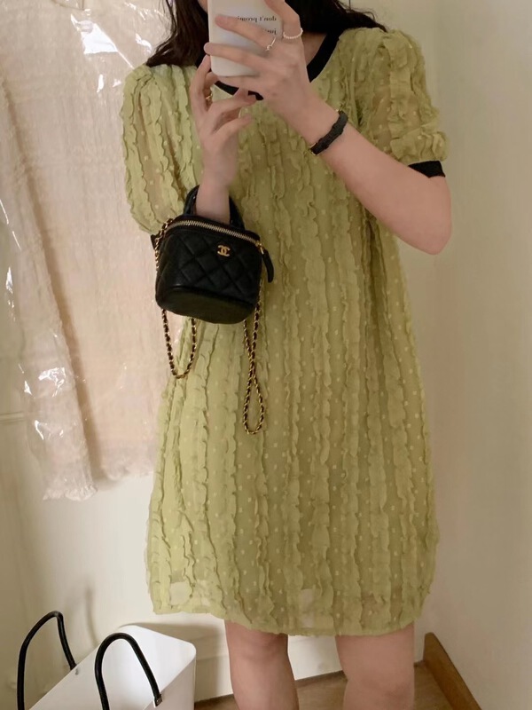 [o.lucky] fresh and simple round neck contrast dress 1846\hbx