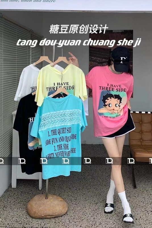 [tangdou original] back lace print Pullover short sleeve T-shirt 9696\wtt