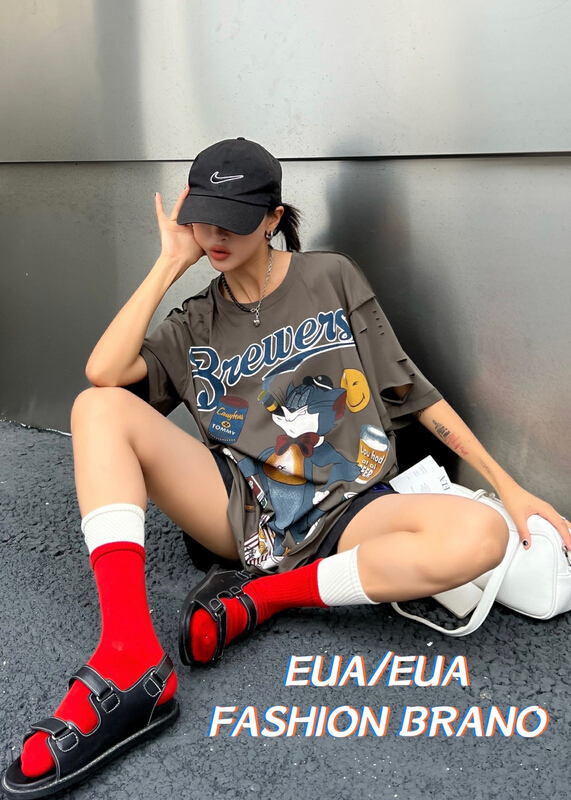 [European and American trend] hole breaking comfortable Korean Short Sleeve T-shirt (T-shirt only) 12276\l