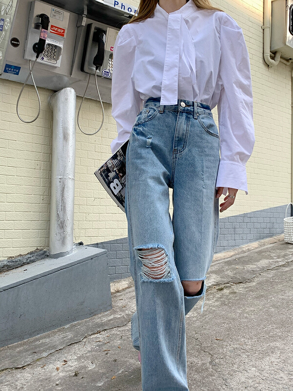 [ten. 10] Korean version irregular hole personalized floor dragging jeans 99921\wpl