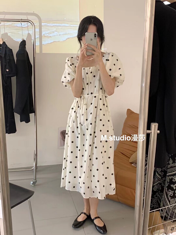 [MSTUDIO MANSA] slim in waist with polka dot dress (with waist rope) t081\ll