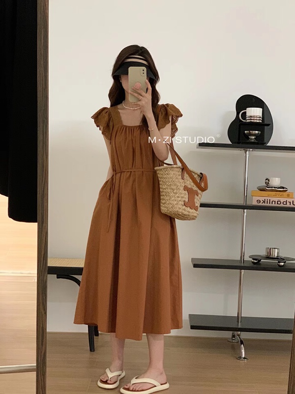 [m.zi studio] temperament square neck waist strap dress (with belt) 16125\hbx