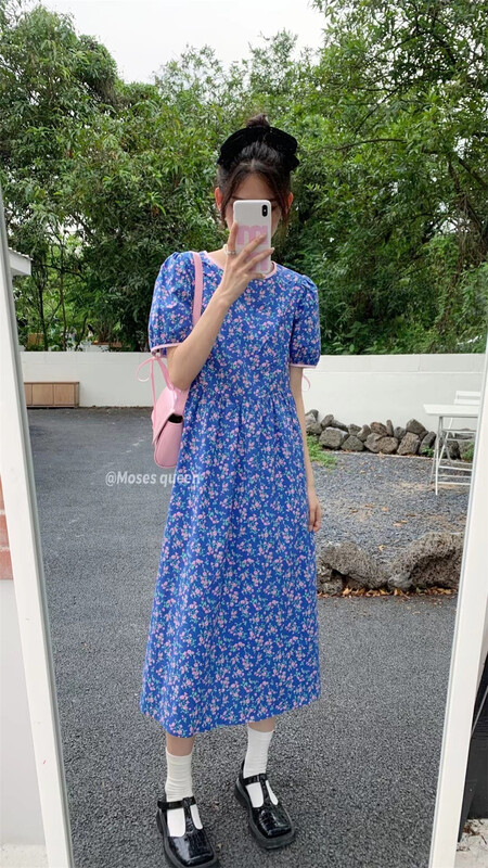 [moss queen] fresh and simple round neck bubble sleeve floral dress 50322\xyy
