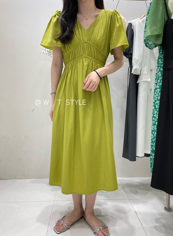 [wt] fresh temperament V-neck waist dress b352\hbx