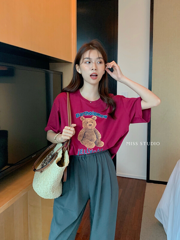 [miss miss home] Korean bear letter printed comfortable short sleeve T-shirt y8855