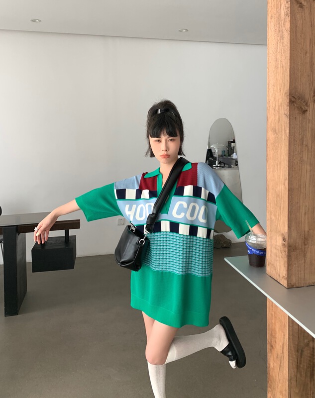 [DTU] Korean letter color blocking loose knit dress 32965\lsl