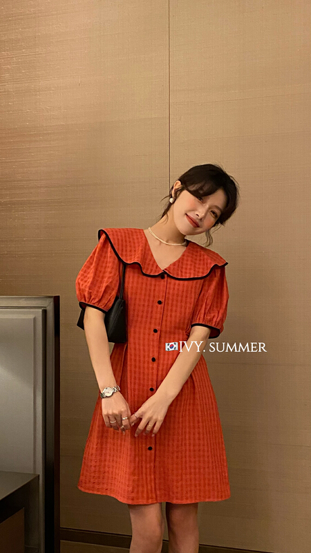 [Ivy] Korean color contrast temperament waist dress 88270\jhy