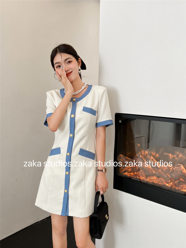 [Zaka] round neck single breasted fashion color matching dress ys1-58286\ll