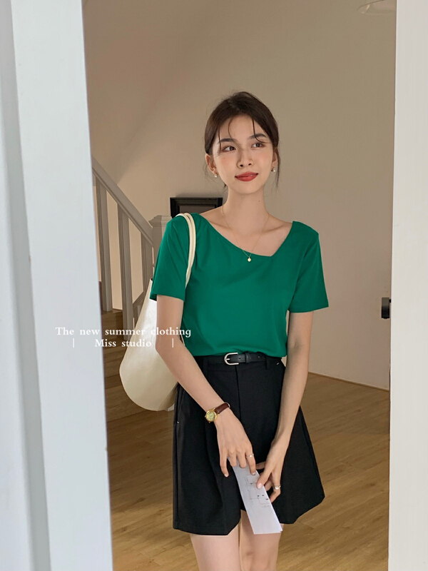 In early summer! 【 miss miss miss home 】 wear a thin diagonal neckline short sleeve T-shirt f2205\zsy on both sides