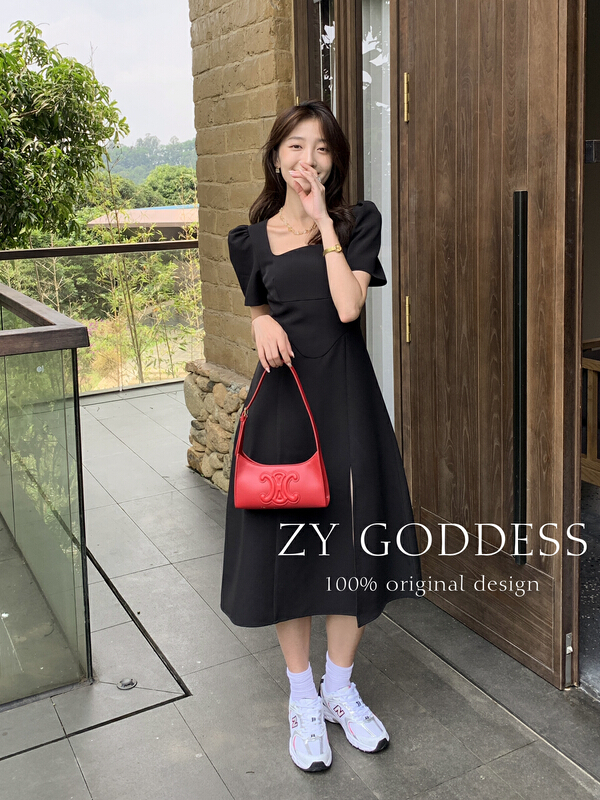 [ZY] French retro niche bubble sleeve slit dress 68513\ozq