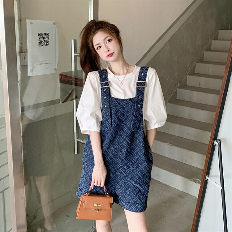 [y.jia EJA] simple bubble sleeve shirt + design suspender suit (only suit) ys1-1070\pcz