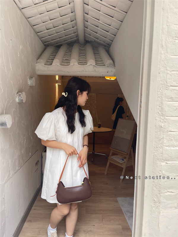 [next station] Korean round neck bubble sleeve clear color dress 22239\zjy