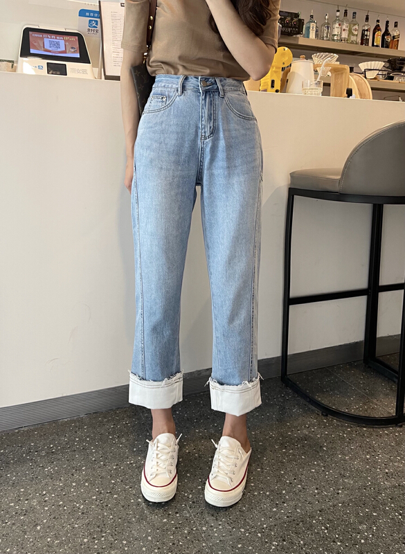 [en Xier] straight tube loose and versatile color blocking jeans eb1085\l