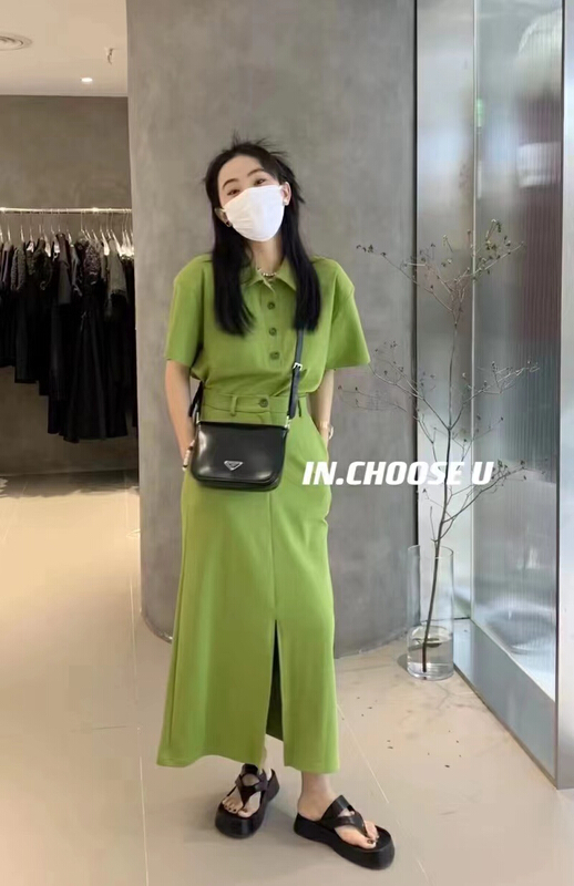 [top] polo collar short sleeve T-shirt + Split mid length skirt set 9166\zjy