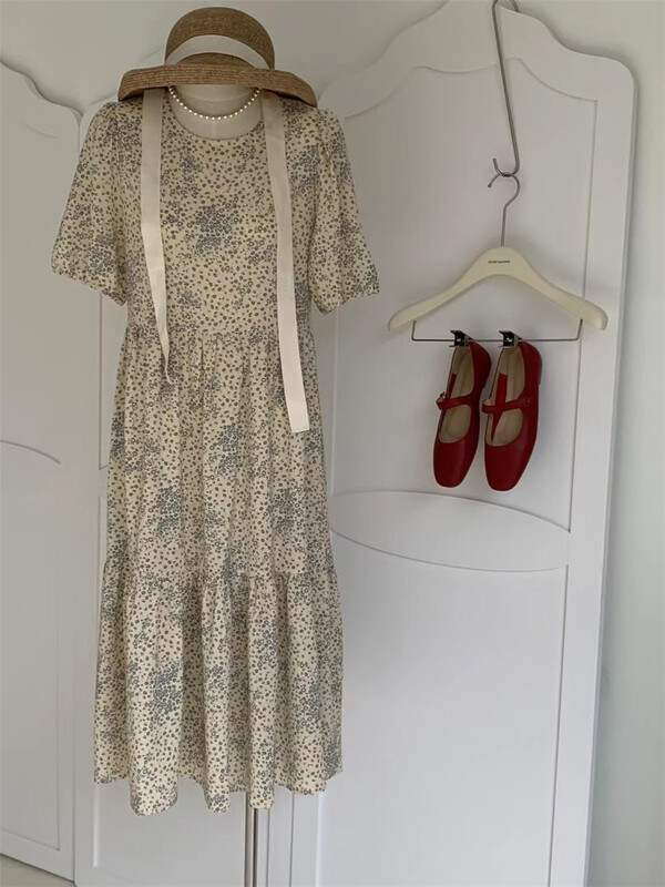 [xhm] Vintage Floral bubble sleeve loose dress x2989\zsy