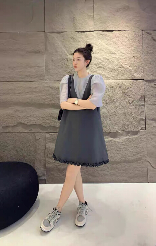[JH] net Red Lantern Sleeve Short Sleeve Top + thin solid color vest skirt suit (only suit) 41854\pcz