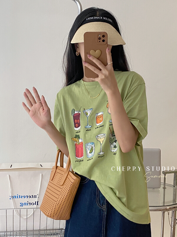 [cherry studio] Korean personalized printed Casual Short Sleeve T-shirt 5259\hbx