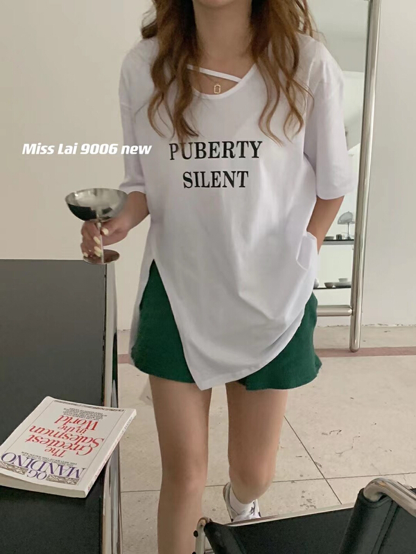 [HH &miss Lai] letter V-neck comfortable short sleeve T-shirt 9006\l