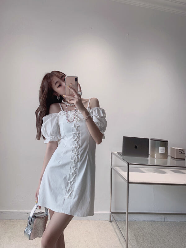 [Vanessa] little women's square neck bubble sleeve strap off shoulder dress 6313\ozq