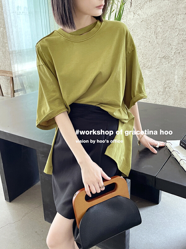 [gracetina Hoo] lazy and versatile irregular neckline loose profile versatile short sleeve T-shirt t2172
