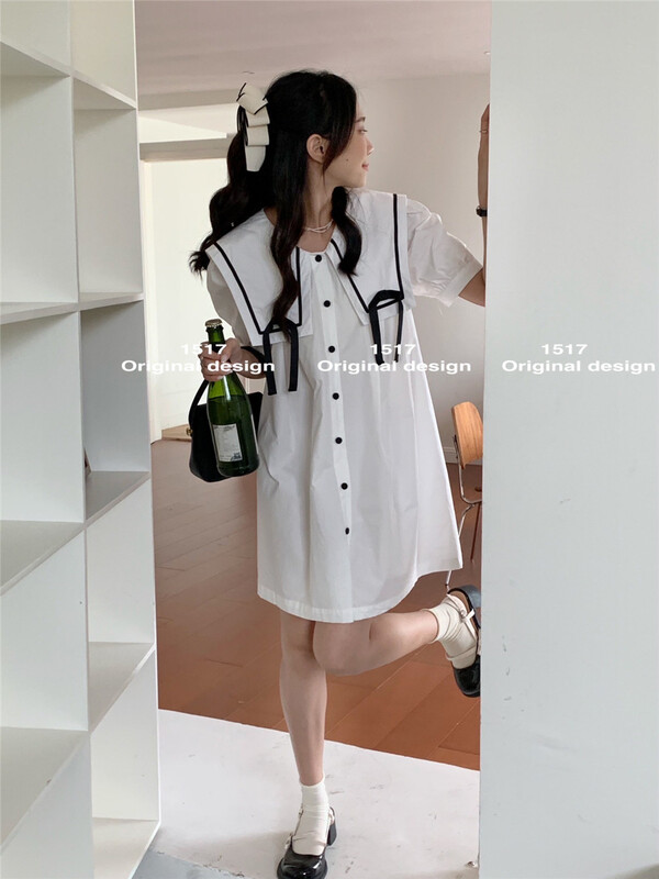 [1517] Korean Academy style Navy collar button bow dress 7220\zjy