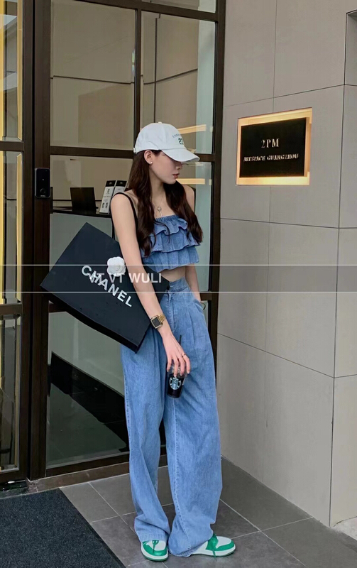 [m2+] ruffled fashion Strapless Vest + loose straight jeans set 8136\wtt