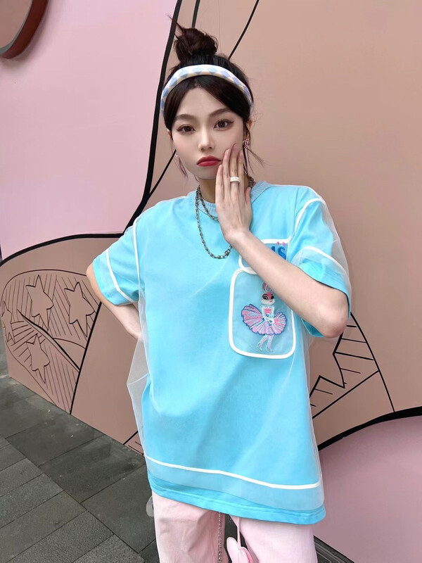 [m.zz] round neck solid T-shirt + cartoon embroidery perspective short sleeve sunscreen shirt set 8773\lsw