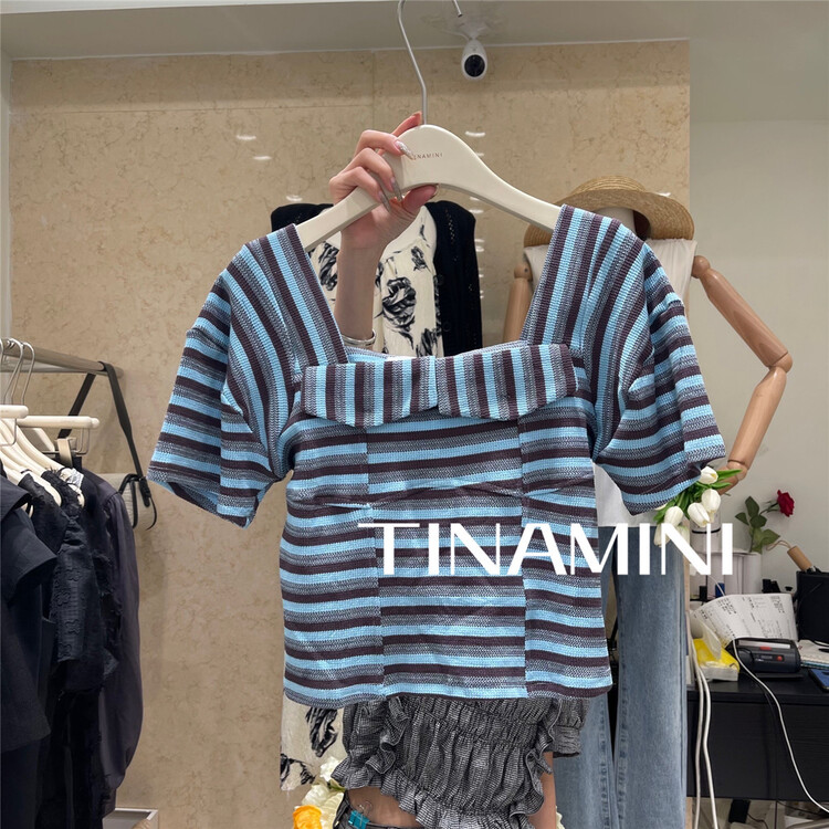 [tinamini] temperament striped square neck T-shirt 0222\hjy