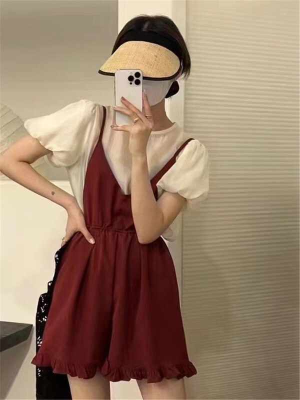 [OIT] simple casual blouse + waist closed and thin suspender dress set 9179\hbx