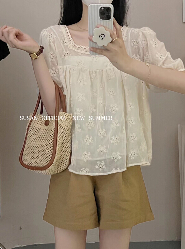 【 Susan 】 Square Neck Lace loose doll shirt 18615\lsw
