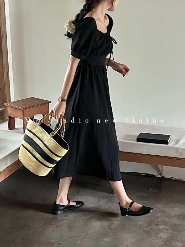 [ing] square neck lace up high waist thin bubble sleeve dress ing-7776\hbx