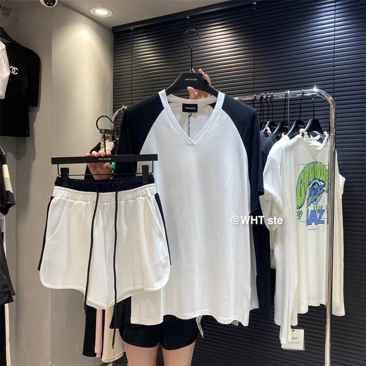 [wht] color blocked Pullover V-neck short sleeve T-shirt 5040\wtt