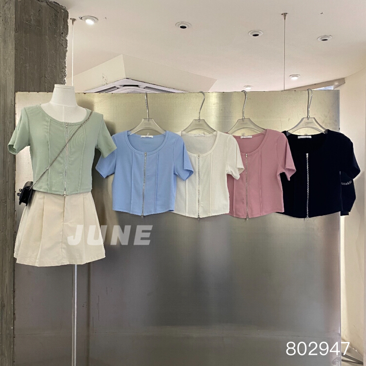 [June] fresh and simple zipper short sleeve T-shirt 802947\xyy