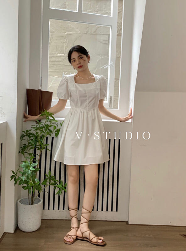 [v.studio] Korean lady square neck bubble sleeve dress ys1-6661\zjy
