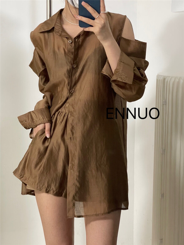 [ennuo] single breasted shirt + comfortable elastic waist casual Shorts Set 1503\l