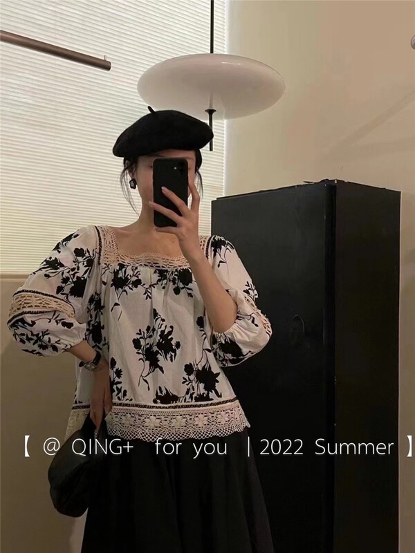 [Qingqing family] French retro square collar color blocking shirt 2095\xyy
