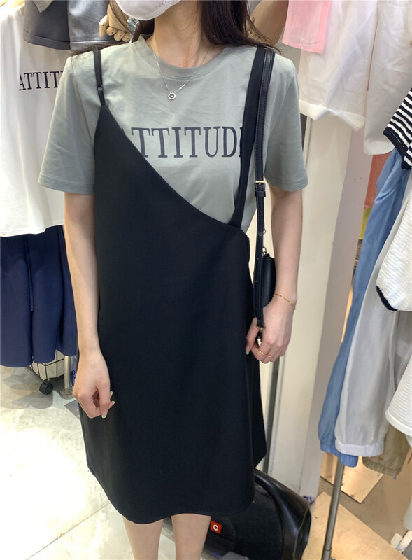 [an studio] round neck letter short sleeve T-shirt + versatile strap skirt set ys2-8802\l