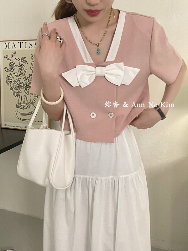 [Mi Xiang] double breasted V-neck bow shirt (with bow) 5390\hjy