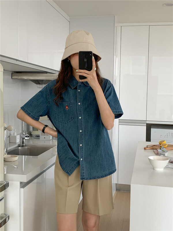 [simnice] Korean embroidered single pocket denim shirt j2383\zxx