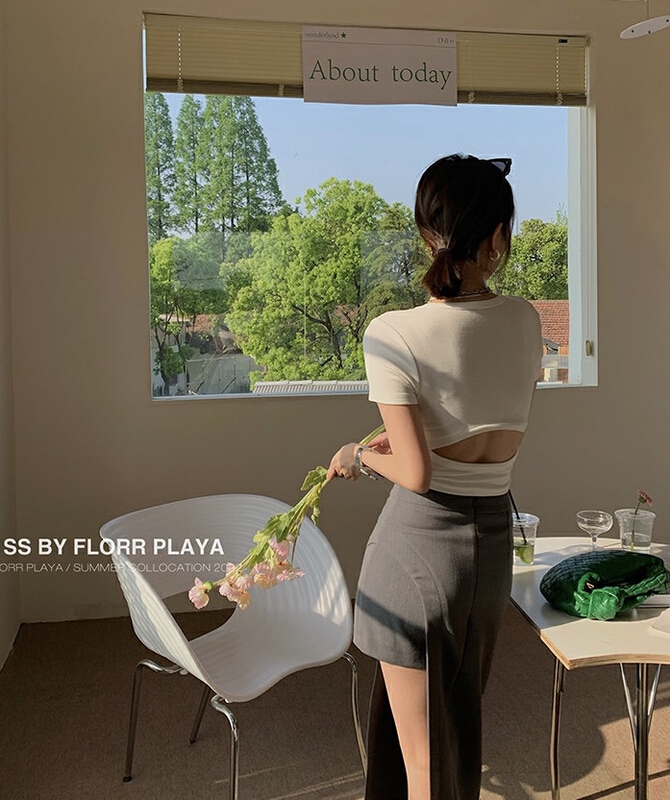 [y.jia EJA] hot girl sexy back hollow out blouse + irregular design skirt pants set ys1-6776\pcz